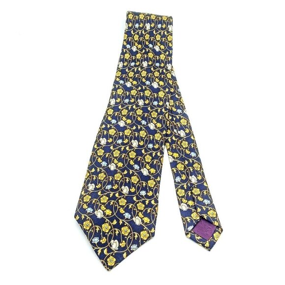 Handmade Nina Ricci Navy Blue Gold Floral Made in France Silk Tie - Picture 1 of 4